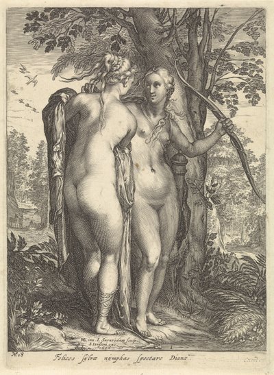 Diana en een nimf voor een boom door Jan Saenredam