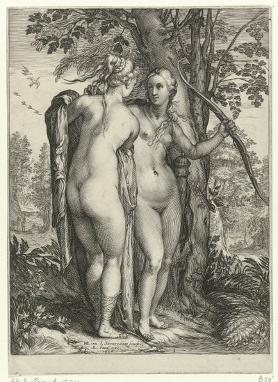 Diana en een nimf voor een boom door Jan Saenredam
