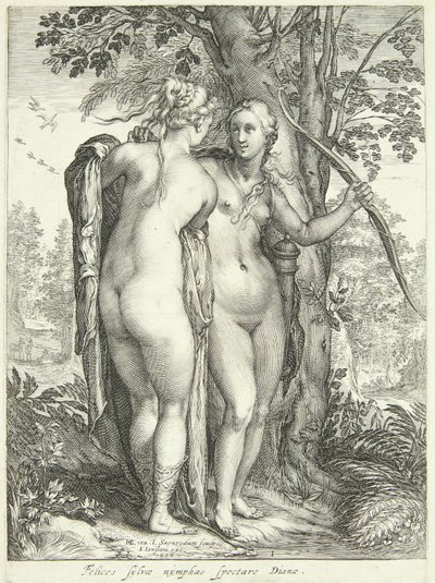 Diana en een nimf bij een boom door Jan Saenredam