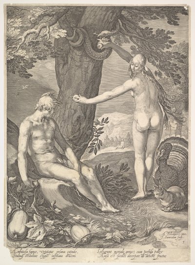 Eva die Adam de Verboden Vrucht Geeft, uit Het Verhaal van Adam en Eva door Jan Saenredam