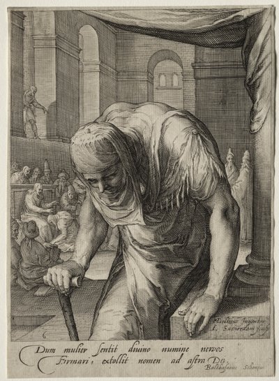 Heldinnen van het Nieuwe Testament: De kreupele vrouw genezen door Christus door Jan Saenredam