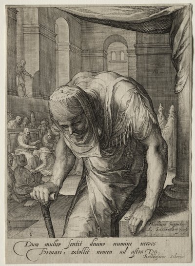 Heldinnen van het Nieuwe Testament: De Kreupele Vrouw Genezen door Christus door Jan Saenredam