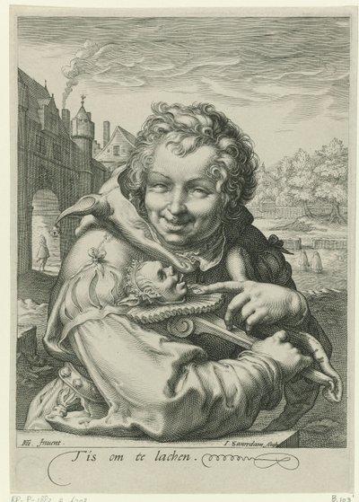 Lachende nar met een staf door Jan Saenredam