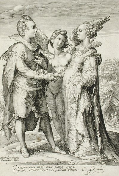Huwelijk voor Plezier, Plaat 1 van De Huwelijkstrilogie, ca. 1594 door Jan Saenredam