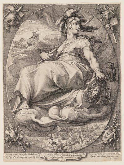 Pallas Athena, uit Drie Godinnen Zittend in de Wolken door Jan Saenredam