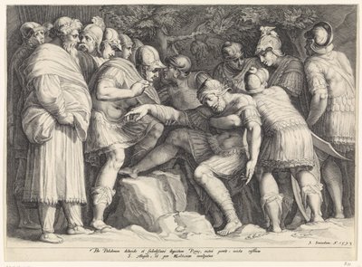 Scipio wordt door zijn zoons van het slagveld gedragen door Jan Saenredam