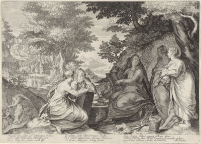 Vijf wijze maagden in een landschap met de prediking door Johannes de Doper door Jan Saenredam