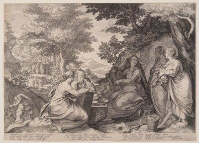 Wijze maagden verzameld in een landschap voor de prediking van de Doper, uit de parabel van de wijze en dwaze maagden door Jan Saenredam