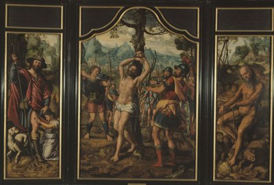 Drieluik van het martelaarschap van Sint Sebastiaan (middenpaneel): Sint Rochus (linkerpaneel), Sint Onuphre (rechterpaneel), Sint Petrus (achterkant rechterpaneel), Sint Stefanus (achterkant linkerpaneel), tussen 1525 en 1566 door Jan Sanders van Hemessen