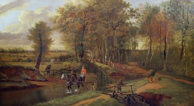 Een Bebost Rivierlandschap met Figuren, Paard en Kar, 1692 door Jan Siberechts