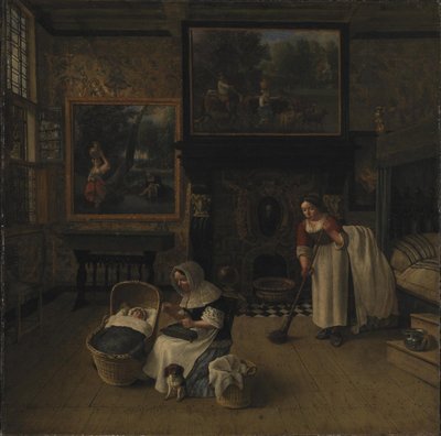 Interieur met een vrouw die borduurt en een kind in een wieg wiegt door Jan Siberechts