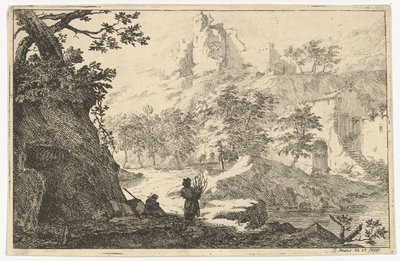 Landschap met ruïnes van een kasteel op een heuvel, begin 18e eeuw door Jan Smees