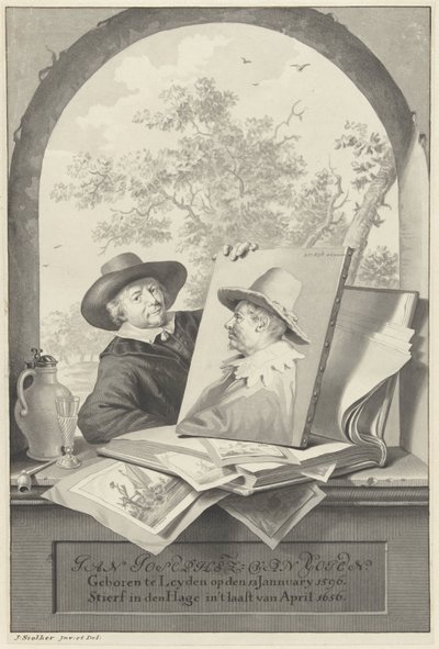 Man met een map met tekeningen en een portret van Jan van Goyen door Jan Stolker
