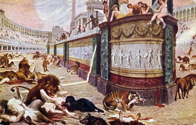 Prentkaart die de bloedige spelen in de arena in Rome toont, illustratie uit 