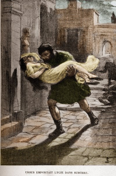 Ursus nam Lygie mee in Suburre (hoofdstuk X) illustratie door JAN STYKA (1858-1925) voor Henryk Sienkiewicz