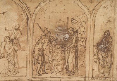 Een Ontwerp voor een Drieluik met de Aanbidding van de Twee Heiligen, vroege 17e eeuw door Jan Symonsz. Pynas