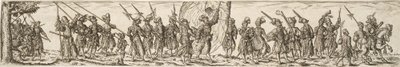 Soldatenmars, in het midden een vaandeldrager door Jan Theodor de Bry