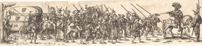 Troep soldaten, vooraan een officier te paard door Jan Theodor de Bry