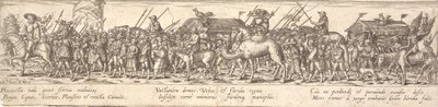 Troepen van soldaten met bagagewagen en de Dood te paard door Jan Theodor de Bry
