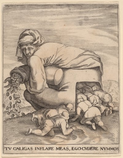 De Man met de Geldbuidel en Zijn Vleiers door Jan Theodor de Bry after Pieter Bruegel the Elder