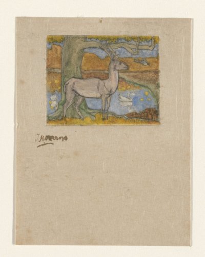 Hert bij een boom voor een vijver door Jan Toorop (signed by artist)