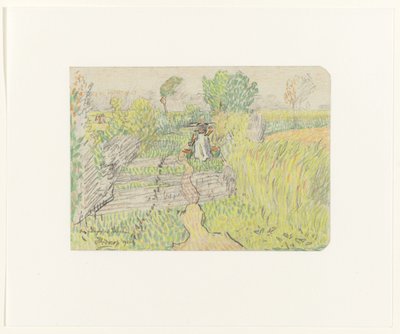 Boerin met juk met melkemmers op de schouders, lopend door een korenveld door Jan Toorop