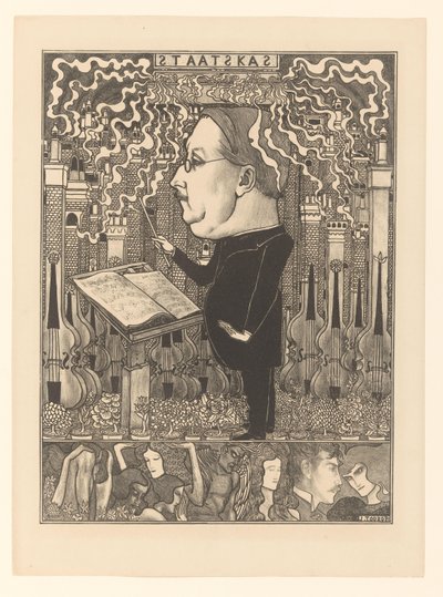 Dirigent met daarachter violen en rokende schoorstenen door Jan Toorop