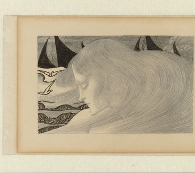 Jonge vrouw met golvend haar voor een zee met schepen door Jan Toorop