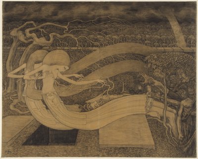 O Grave, where is thy Victory? Twee vrouwen naast een man en een open graf door Jan Toorop