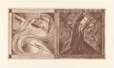 Omslag voor Wendingen met een non met bloemen en twee geesten, waarvan één met een masker in zijn hand door Jan Toorop