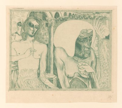 Oude vrouw omringd door jonge vrouwen door Jan Toorop