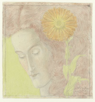 Vrouwenkop met rossig haar en chrysant door Jan Toorop