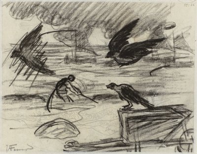 Zeegezicht met visser, op de voorgrond een kruiwagen met vogels door Jan Toorop