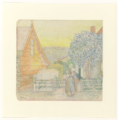 Zeeuws meisje, breiend op een binnenplaatsje door Jan Toorop
