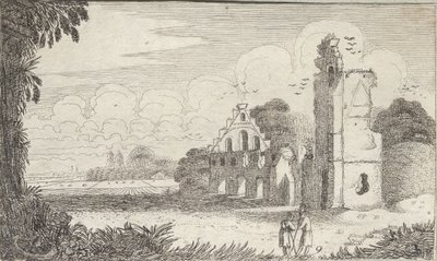 Landschap met een kerk in ruïnes en twee herders in gesprek door Jan Van de Velde