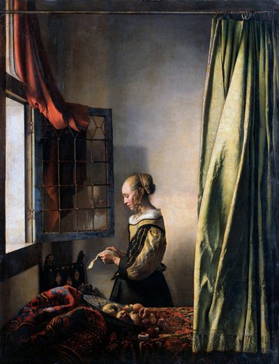 Meisje dat een brief leest bij een open raam, ca. 1659 door Jan Vermeer van Delft