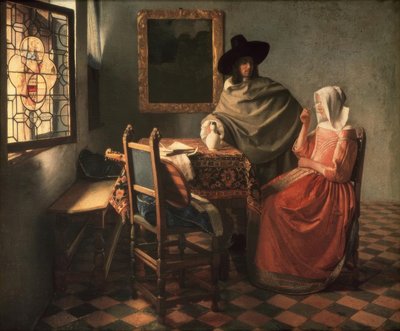 Heer en dame met wijn door Jan Vermeer van Delft