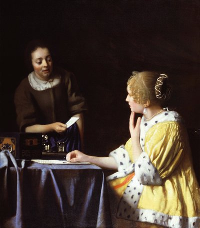 Dame met haar dienstmeid die een brief vasthoudt door Jan Vermeer van Delft