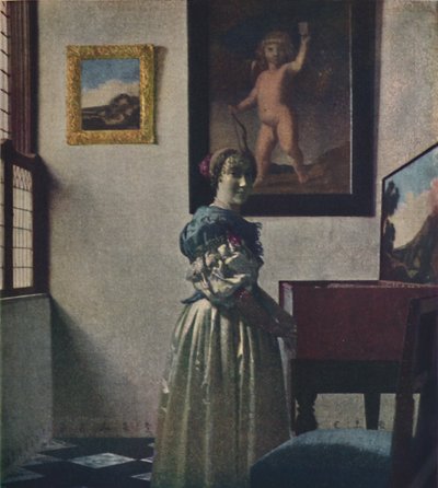 Een dame staand bij het virginaal, ca. 1670-1672, ca. 1950 door Jan Vermeer van Delft
