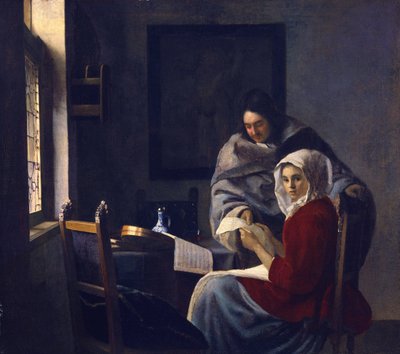 Meisje onderbroken bij haar muziek, ca. 1660 door Jan Vermeer van Delft