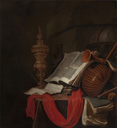 Stilleven met muziekinstrumenten en boeken Vanitas door Jan Vermeulen