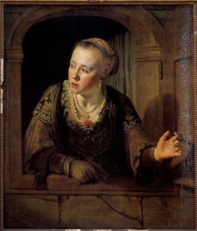 Portret van een jonge vrouw in haar raam door Jan Victors