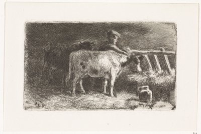 Boer tussen twee koeien bij een ruif in een stal (kleine variant) door Johannes Martinus Vrolijk