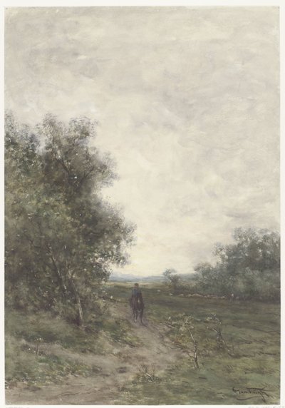 Landschap met een ruiter en een kudde schapen met herder door Johannes Martinus Vrolijk