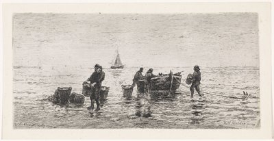 Vissers halen een sloep leeg op het strand door Johannes Martinus Vrolijk