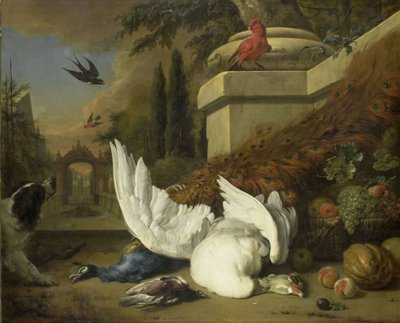 Een hond met een dode gans en pauw (Een studie van wild en fruit) door Jan Baptist Weenix