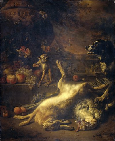 Een aap en een hond met dood wild en fruit door Jan Baptist Weenix