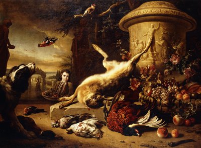 Een dode Haas op een sokkel bij een gebeeldhouwde Urn met een Mand Fruit, een dode Fazant, Wilde Eend, Korhoen, Vlaamse Gaai en Vink, een Hond die een Putter bekijkt en een Jongen die een Mand Fruit draagt in een Park, 1705 door Jan Baptist Weenix