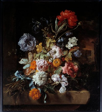 Boeket bloemen op een stenen bank door Jan Baptist Weenix