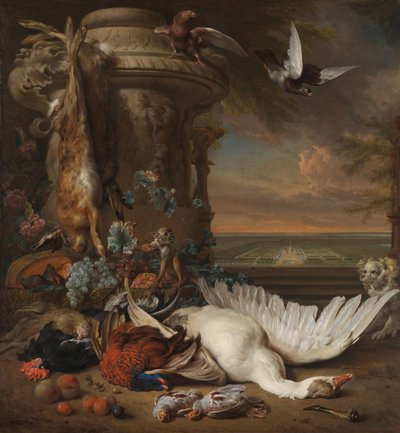 Jacht- en Fruitstilleven naast een Tuinvaas, met een Aap, Hond en twee Duiven, in de verte Rijksdorp bij Wassenaar, Zetel van Jacob Emmery, Baron van Wassenaar door Jan Baptist Weenix